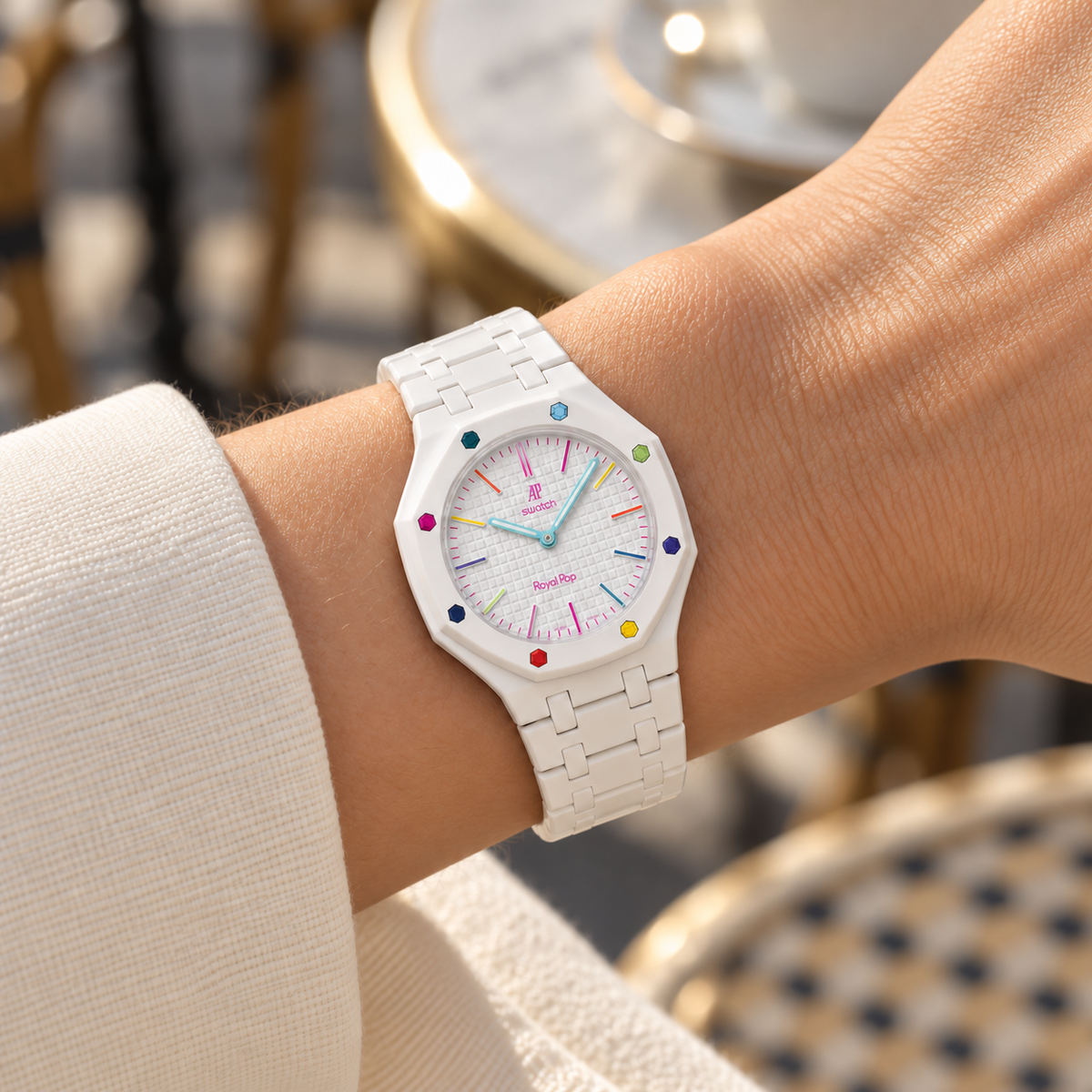 Blanc | Mise en situation générée — montre Royal Pop non incluse