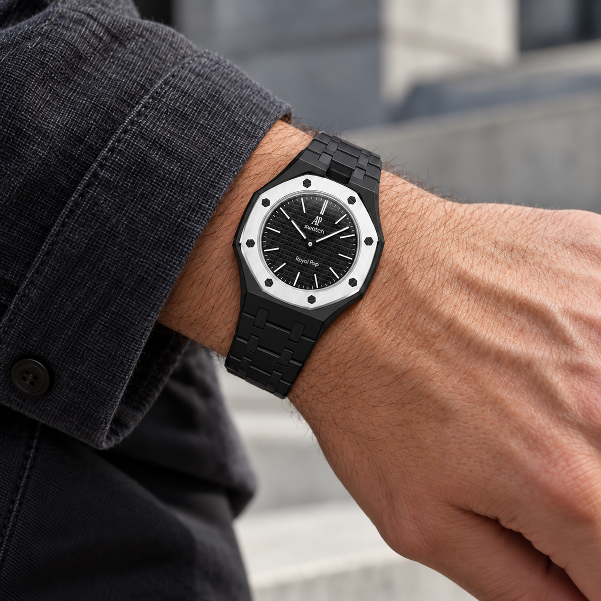 Noir | Mise en situation générée — montre Royal Pop non incluse