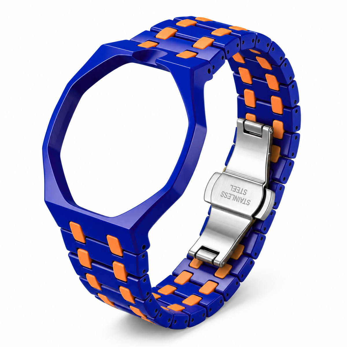 OctaLink — Bleu & orange — boîtier et bracelet seuls sur fond blanc