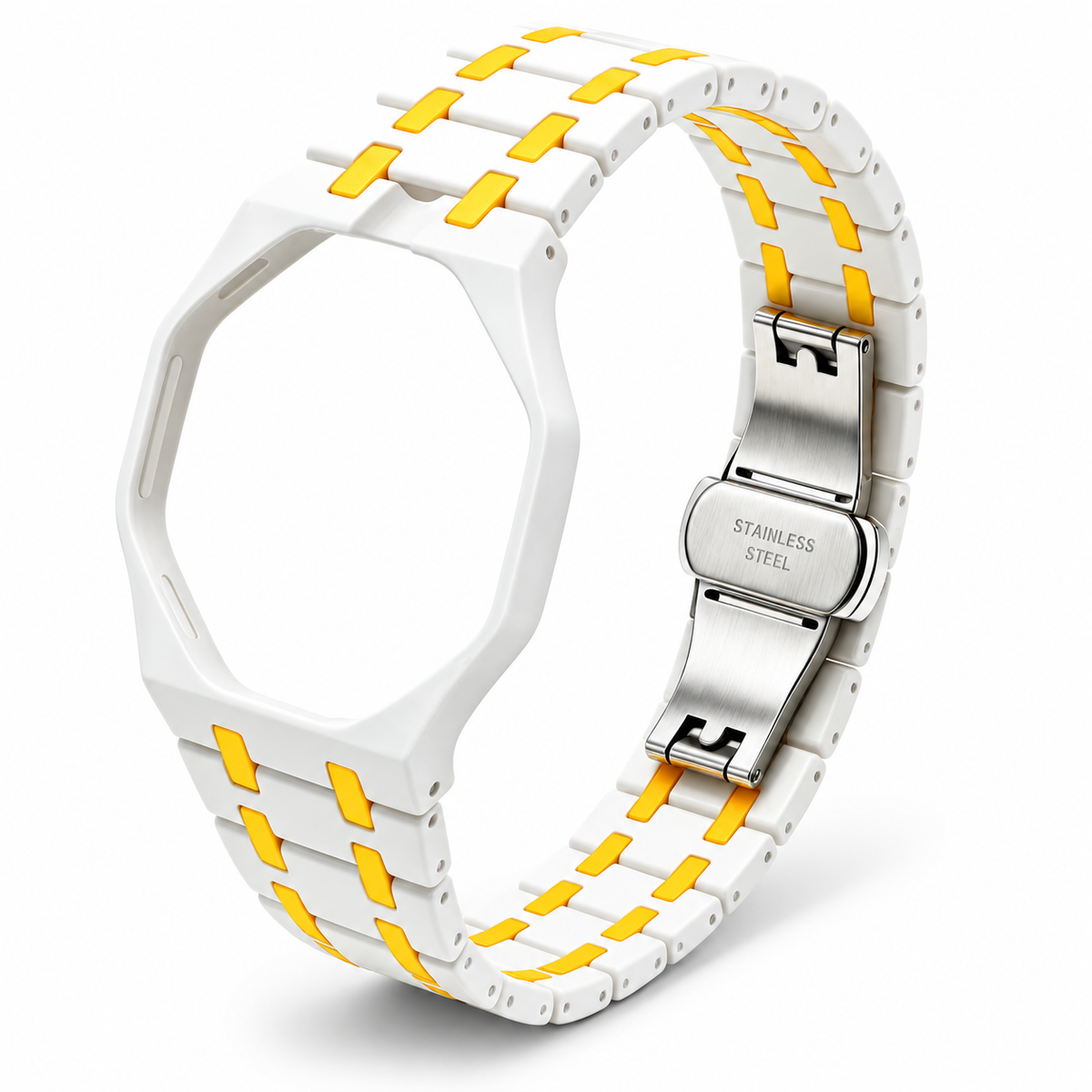 OctaLink — Blanc & jaune — boîtier et bracelet seuls sur fond blanc