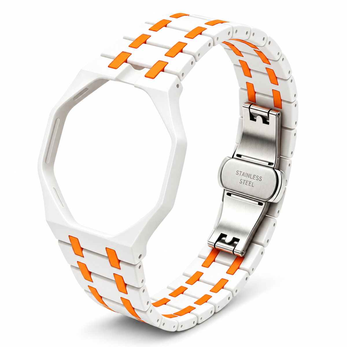 OctaLink — Blanc & orange — boîtier et bracelet seuls sur fond blanc