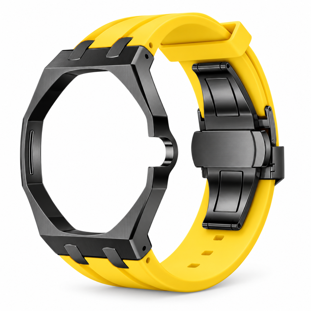 Bracelet adaptateur silicone POPWATCH — jaune, cadre graphite — illustration recolorisée