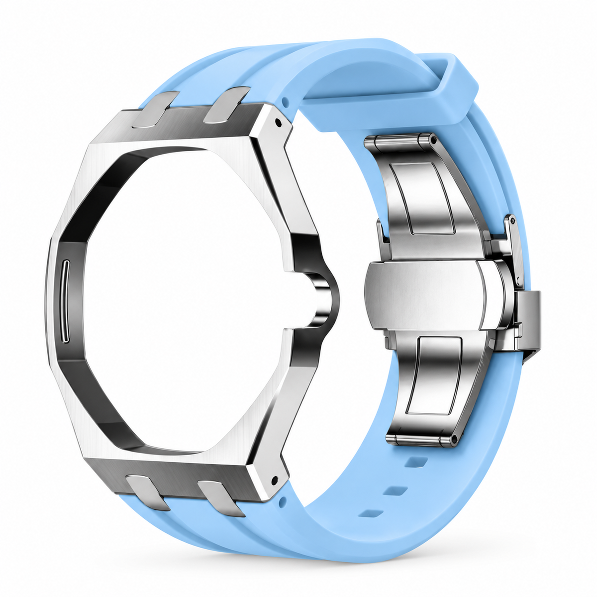 Bracelet adaptateur silicone POPWATCH — bleu ciel, cadre argent — illustration recolorisée