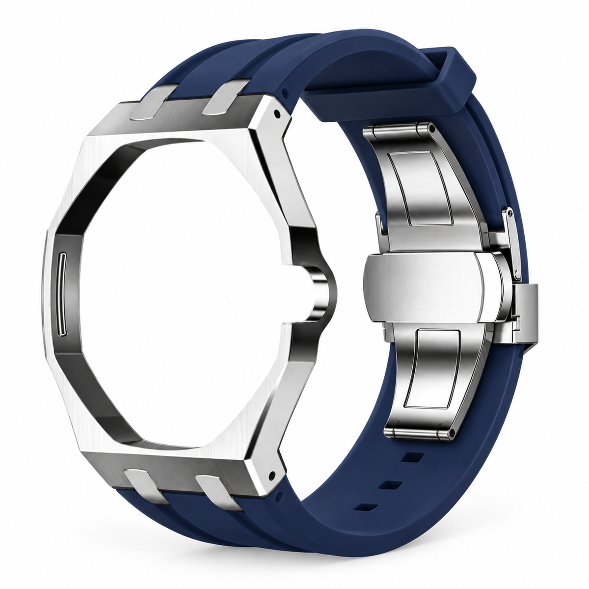 Bracelet adaptateur silicone POPWATCH — bleu marine, cadre argent — illustration recolorisée