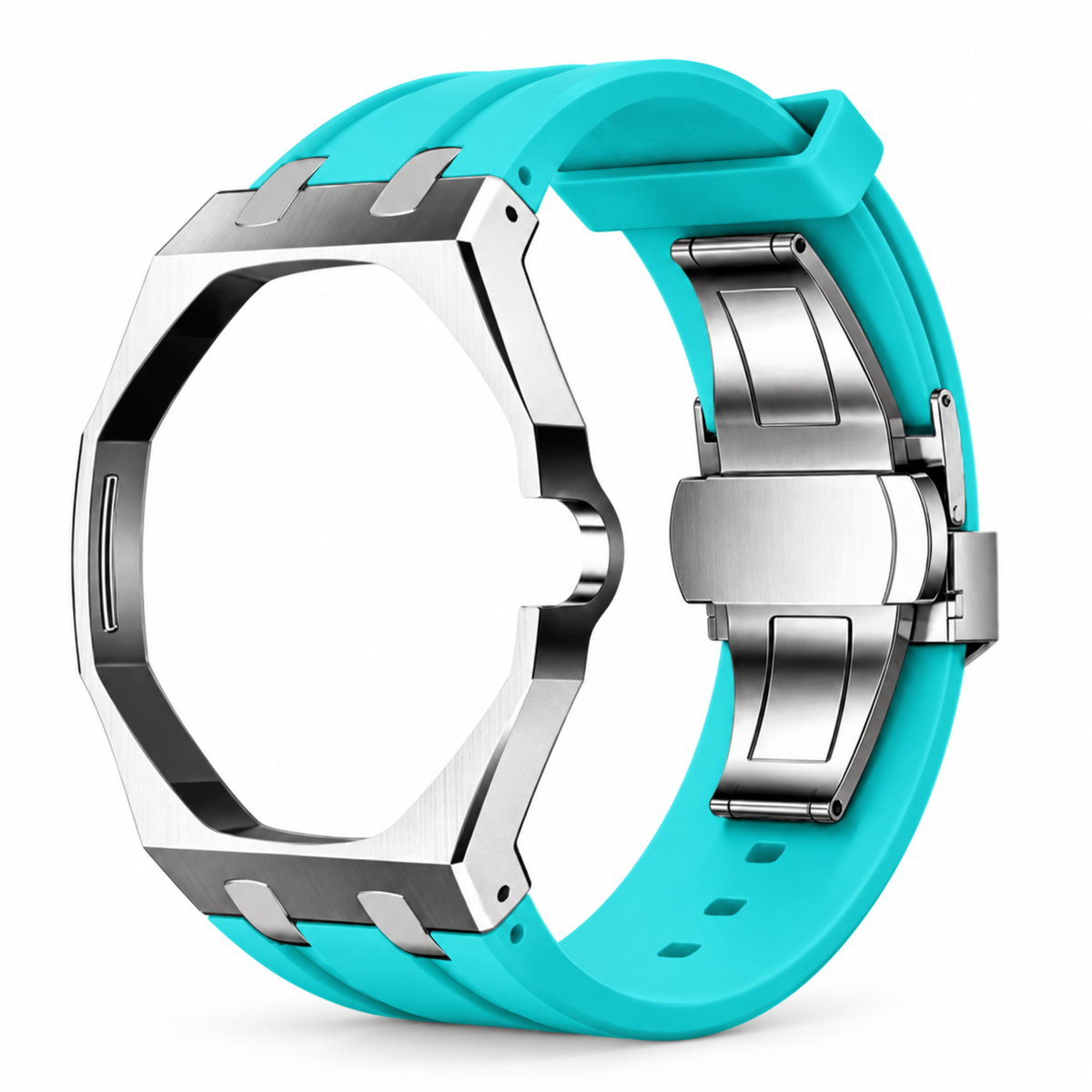 Bracelet adaptateur silicone POPWATCH — turquoise, cadre argent — illustration recolorisée
