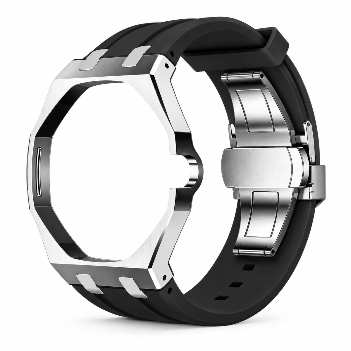 Bracelet adaptateur silicone POPWATCH — noir, cadre argent — illustration recolorisée
