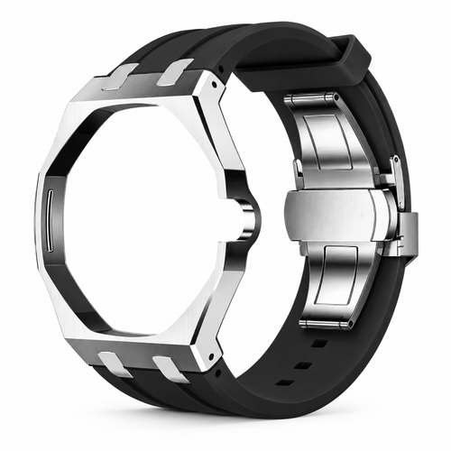Bracelet adaptateur silicone POPWATCH — noir, cadre argent — illustration recolorisée