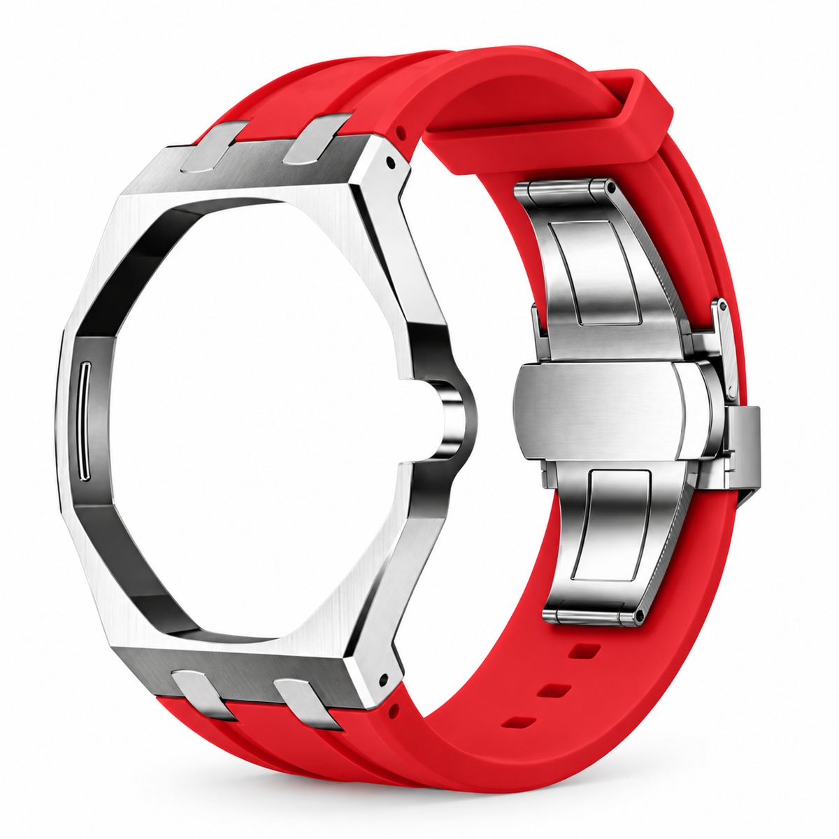 Bracelet adaptateur silicone POPWATCH — rouge, cadre argent — illustration recolorisée
