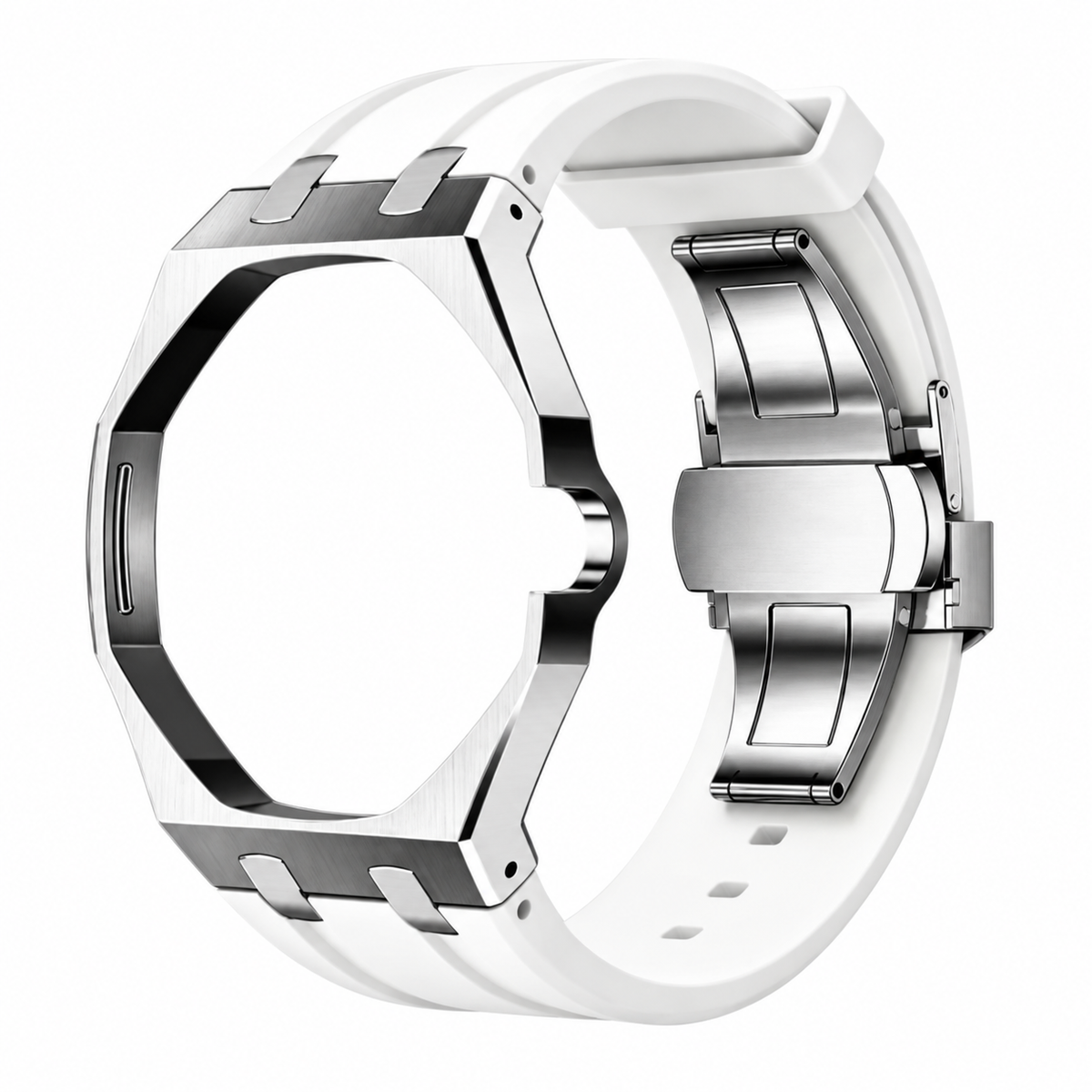 Bracelet adaptateur silicone POPWATCH — blanc, cadre argent — illustration recolorisée