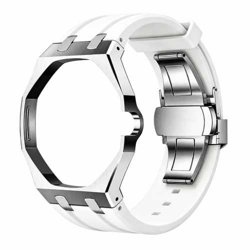 Bracelet adaptateur silicone POPWATCH — blanc, cadre argent — illustration recolorisée
