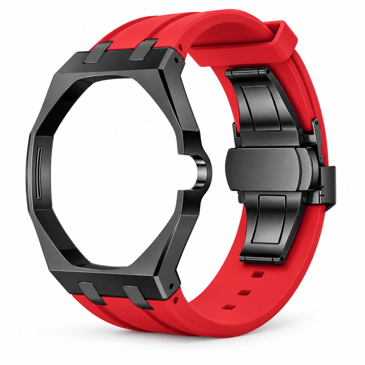 Bracelet adaptateur silicone POPWATCH — rouge, cadre graphite — illustration recolorisée