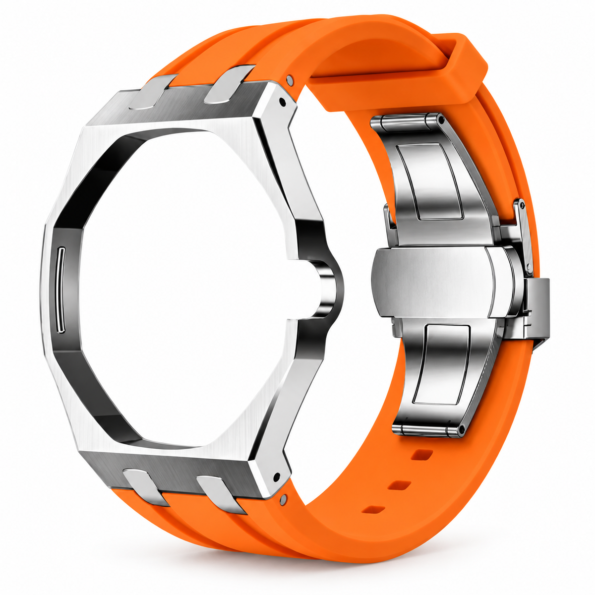 Bracelet adaptateur silicone POPWATCH — orange, cadre argent — illustration recolorisée