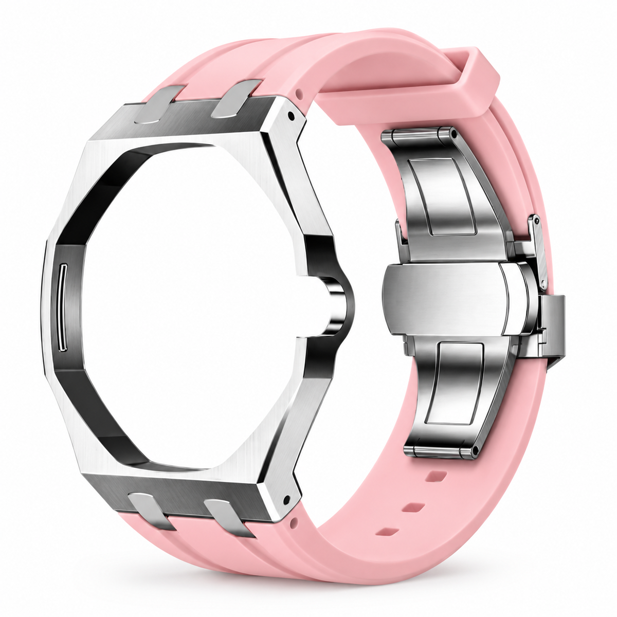Bracelet adaptateur silicone POPWATCH — rose, cadre argent — illustration recolorisée