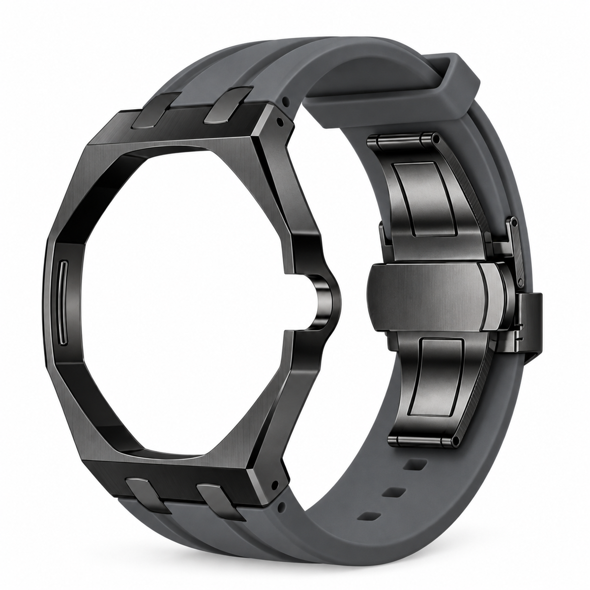 Bracelet adaptateur silicone POPWATCH — gris anthracite, cadre graphite — illustration recolorisée