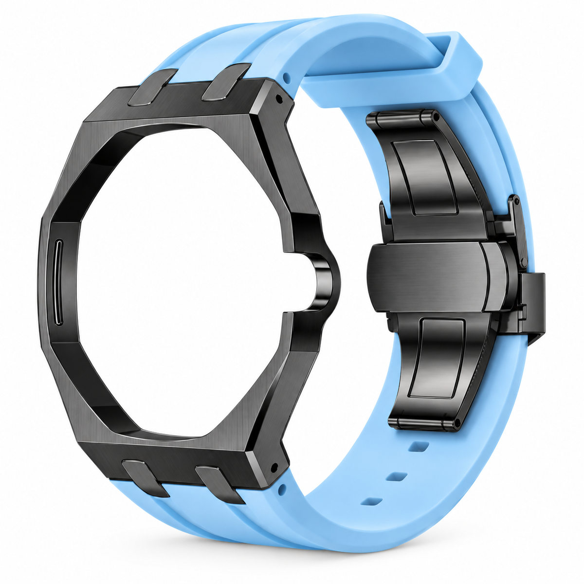 Bracelet adaptateur silicone POPWATCH — bleu ciel, cadre graphite — illustration recolorisée