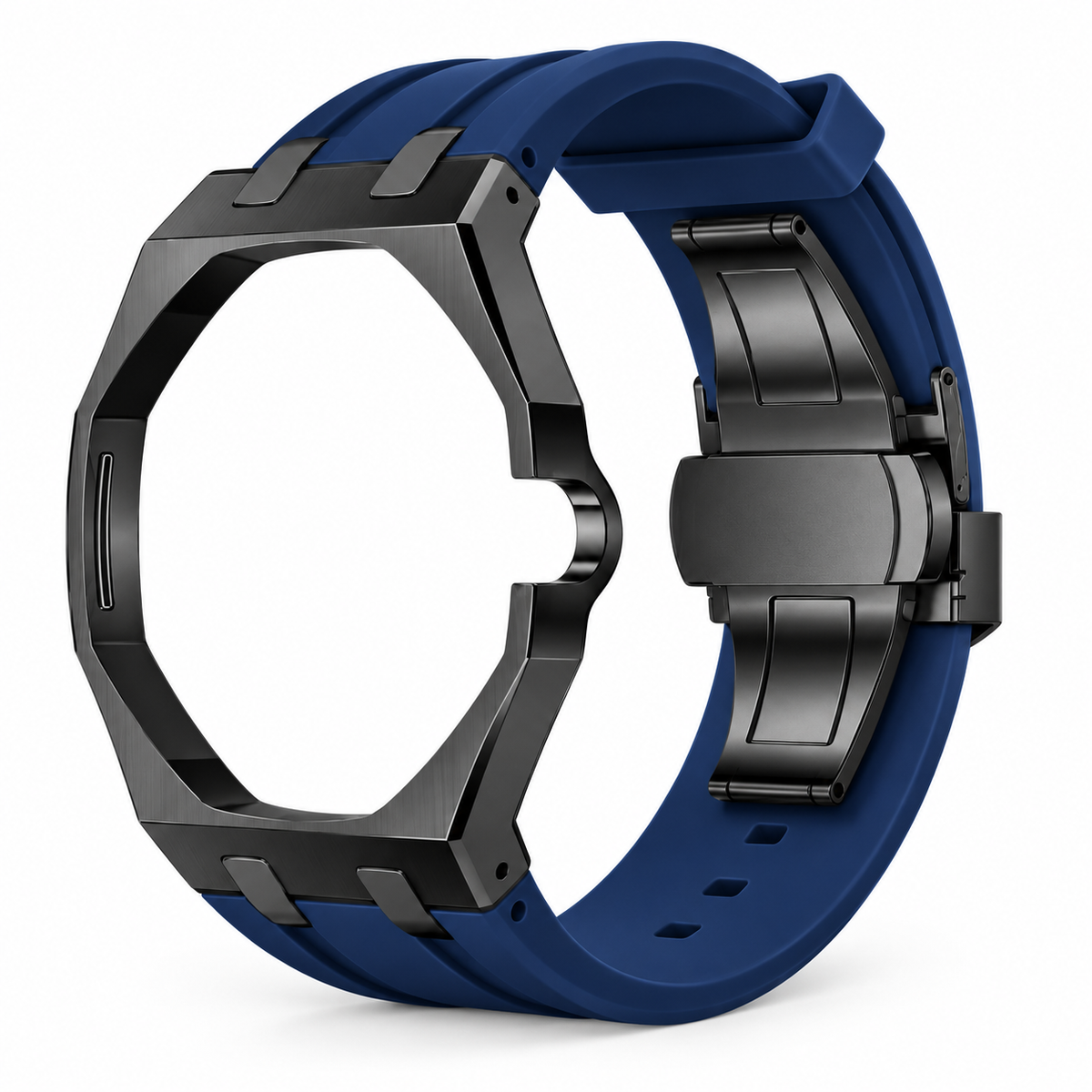 Bracelet adaptateur silicone POPWATCH — bleu marine, cadre graphite — illustration recolorisée