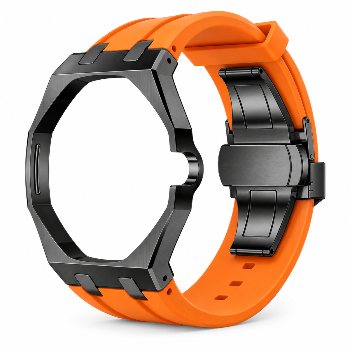 Bracelet adaptateur silicone POPWATCH — orange, cadre graphite — illustration recolorisée
