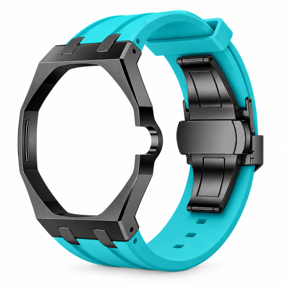 Bracelet adaptateur silicone POPWATCH — turquoise, cadre graphite — illustration recolorisée