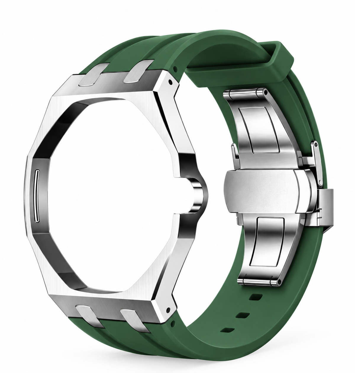Bracelet adaptateur silicone POPWATCH — vert, cadre argent — illustration recolorisée