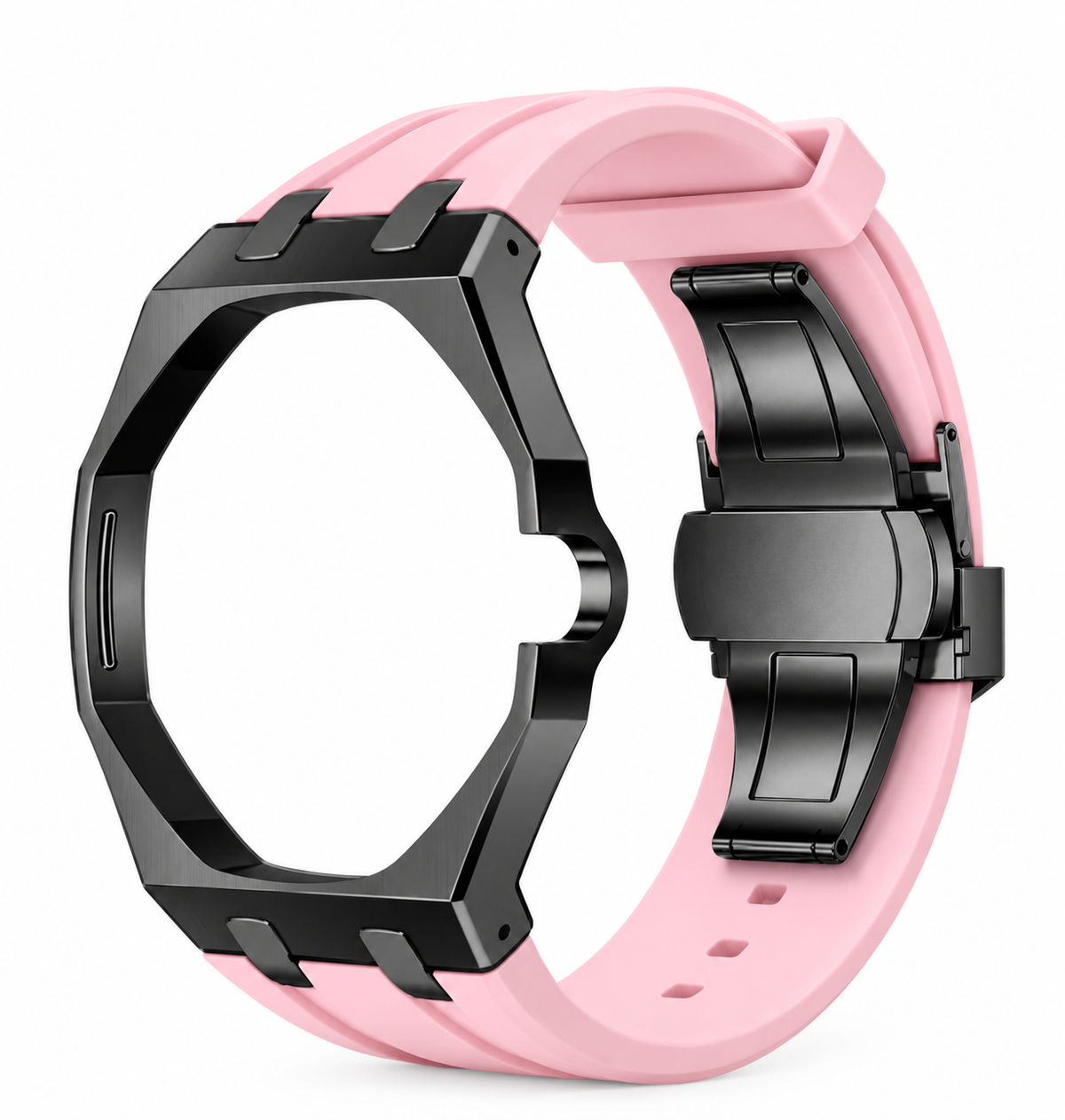 Bracelet adaptateur silicone POPWATCH — rose, cadre graphite — illustration recolorisée