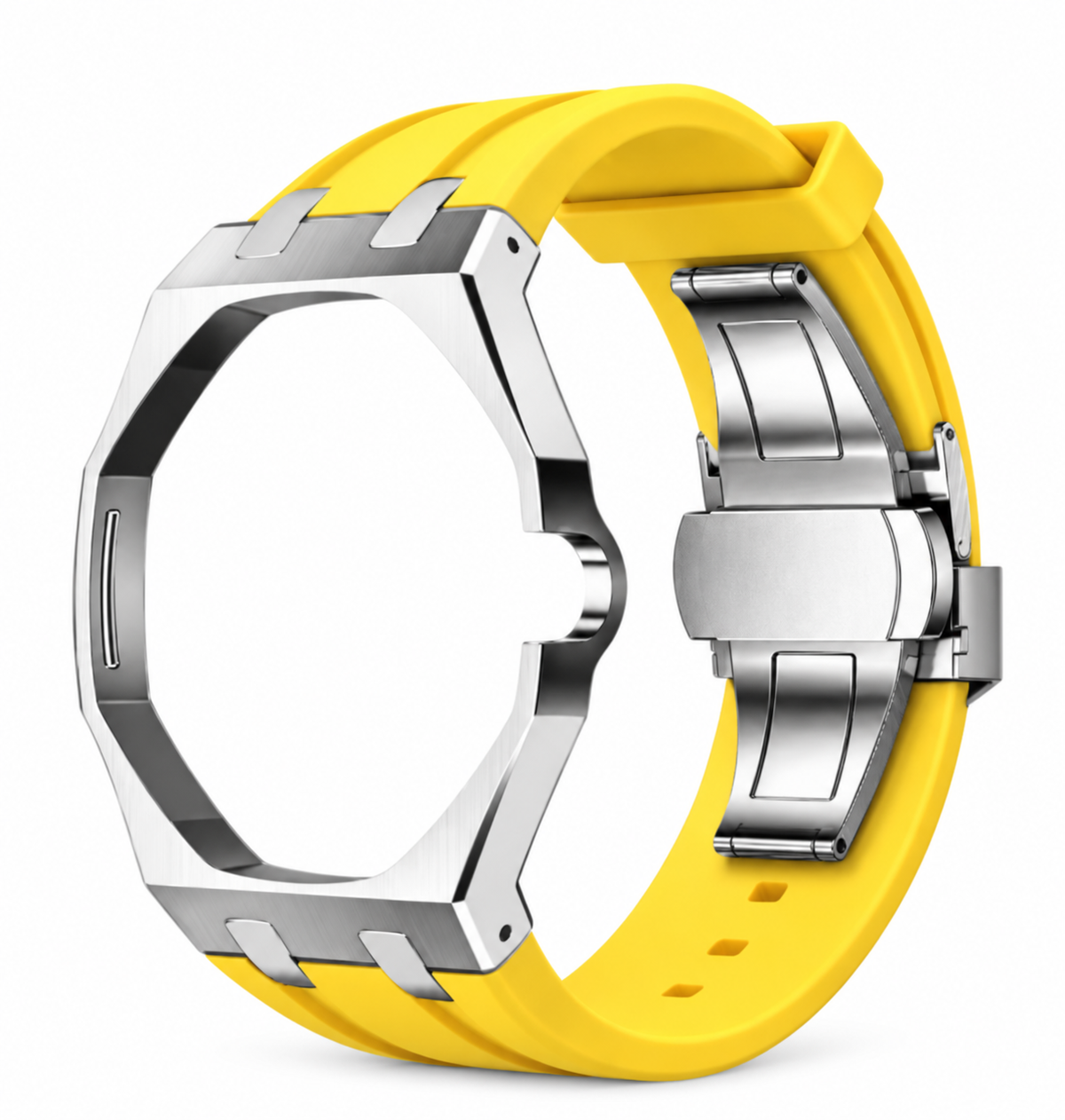 Bracelet adaptateur silicone POPWATCH — jaune, cadre argent — illustration recolorisée